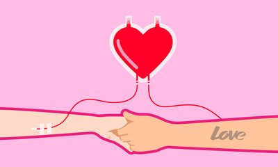 Lovers holding hands giving love from the heart. Vector illustration.