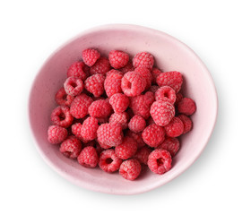 Bowl of red raspberries isoalted on white background