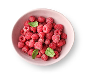 Bowl of red raspberries isoalted on white background
