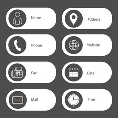 Business card icon. Name. Phone. Fax. Mail. Address. Website. Date. Time. Vector illustration.