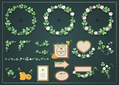 Clover of a trefoil. St. Patrick Day. shamrock,green color and gold coin motif. Icon set to decorate.