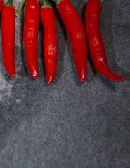 Chili pepper, different types and colors, with copy-space, on gray background