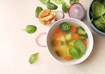 Vegetable soup isolated on kitchen table. Top view