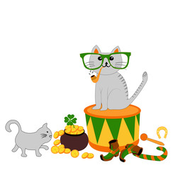 Postcard St.Patrick day cute cat vector illustration 