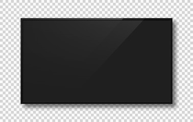 Empty TV screen with black frame. Realistic monitor screen, LCD display mockup with reflection and shadow. Black TV screen isolated on background