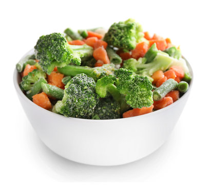 Frozen Vegetables In Bowl Isolated On White