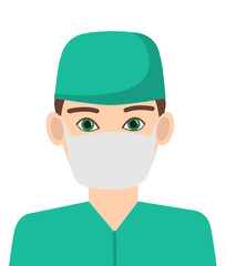 Surgeon in a green uniform and protective mask. The doctor, the anesthesiologist. Isolated on a white background. Vector illustration.