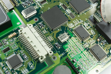 Obraz premium Electronic circuit board part of electronic machine component concept technology of computer circuit hardware