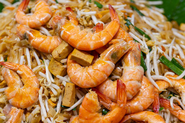 Shrimp is in Pad Thai ,Pad Thai noodles, Thai street food in the market popular Bangkok Thailand
