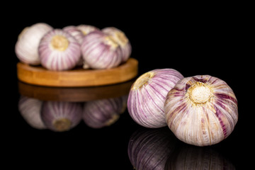 Lot of whole fresh purple single clove garlic on bamboo coaster isolated on black glass