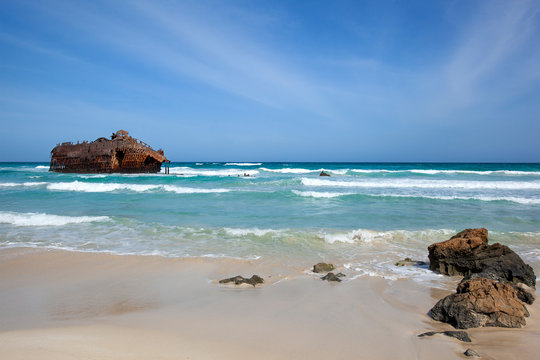 Sand dunes landscape with the Atlantic Ocean in the background near Cabo Santa Marina on Boa Vista in Cape Verde