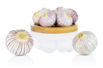 Lot of whole fresh purple single clove garlic on bamboo coaster isolated on white background