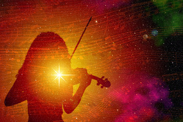 Silhouette of a girl with a shining star and a violin, against a background of colorful outer space...