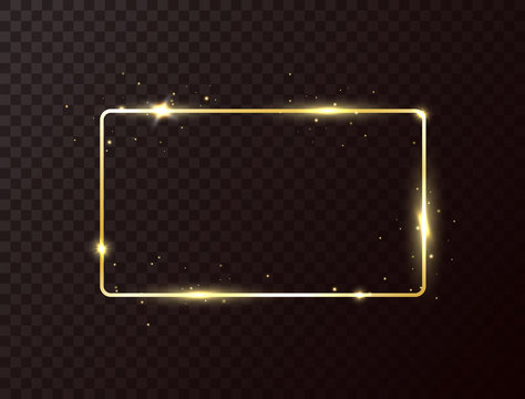 Golden frame with light effect. Shining rectangle banner on dark transparent background. Gold luxury glowing frame. Bright border with sparkles and stars. Vector illustration