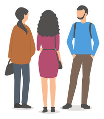 Three people are standing and talking. Isolated on a white background. Vector illustration. Flat design.