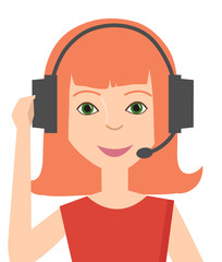 Red-haired girl in headphones. Call center operator. Isolated on a white background. Vector illustration.