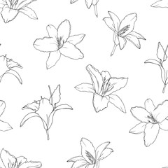 Vector seamless floral pattern with black outline flowers lilies on white background. Hand drawn. For design, textile, print, wallpapers, wrapping paper. Vector stock illustration.