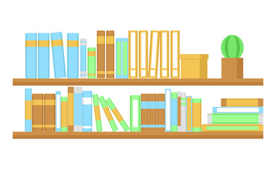 Wall shelves with books and cactus in a pot. Isolated on a white background. Flat design. Vector illustration.