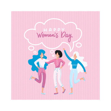 Concept for women's day. Three young smiling friendly girls. Female friendship, together forever, happy girls, woman portrait. Advertising for women. Vector flat hand drawn illustration.