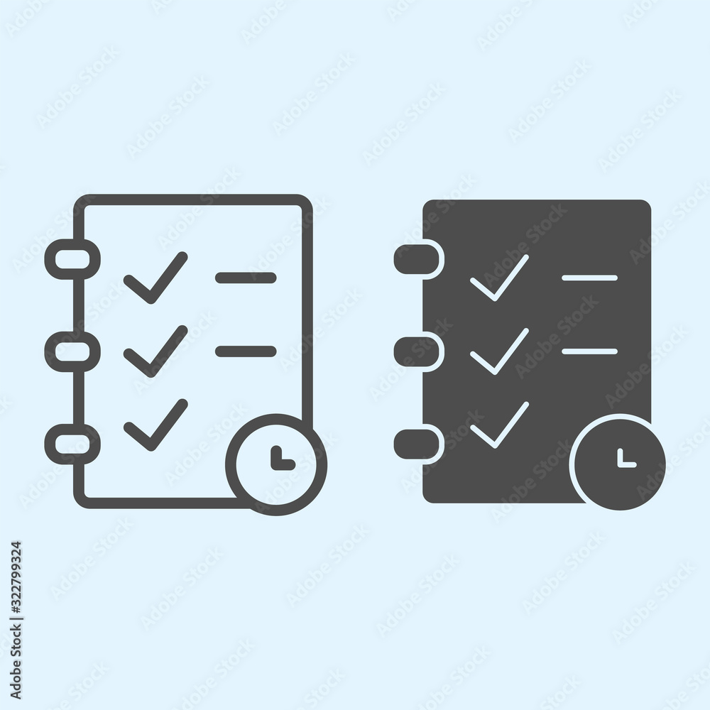 Poster check list and timer line and solid icon. task management planning and clock. sport vector design co