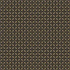 Retro vintage seamless pattern. Elegant black and gold repeat geometric texture with simple figures, circles, crosses, spools. Abstract golden endless background. Stylish design for decoration, prints