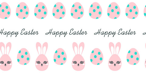 Easter seamless border with easter eggs, bunny and text. Hand drawn on white background.