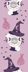 with.  rystal globe and witch hat in a seamless pattern
