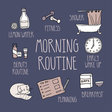 Morning routine infographics including fitness, lemon water, shower, breakfast, beauty rituals, early wake up and planning. Woman self care concept. Vector illustration in a hand drawn style