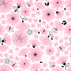 Spring blooming floral field with butterfly vector seamless pattern. Simple linear flowers with transparent candy pink overlapping petals background.