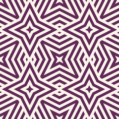 Vector geometric lines seamless texture. Modern abstract linear pattern in purple and beige color. Stylish graphic background with stars, diamonds, stripes, diagonal lines, repeat tiles. Geo design