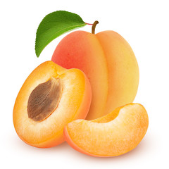 Naklejka na ściany i meble Isolated apricot. Fresh cut apricot fruits isolated on white background, with clipping path