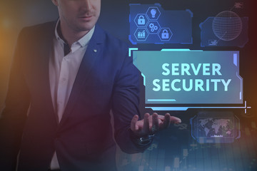 Business, Technology, Internet and network concept. Young businessman working on a virtual screen of the future and sees the inscription: Server security