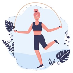 Pretty young woman jumping with a rope. Sport and bodily exercises on white background. Vector flat cartoon style on white background.