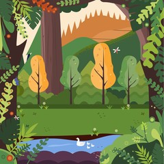 Cartoon illustration background of sunny green forest, tree, lake, green in summer or autumn Flat vector cartoon style illustration.