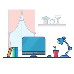 Workspace with computer, books, cup of pencils, desk lamp in room. Isolated on white. Сartoon style in vector illustration.