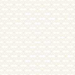 Subtle vector golden linear texture. Simple geometric seamless pattern with diamond shapes, rhombuses, thin lines, grid, net. Abstract white and gold graphic ornament. Trendy minimalist background