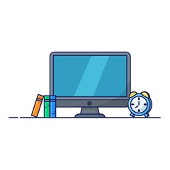 Office space or workplace on white background. Flat design vector illustration of modern office interior with computer, books and watches.