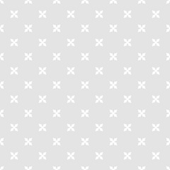 Subtle vector floral texture. Geometric seamless pattern with small flowers, crosses. Simple abstract ornament. White and light gray minimalist background. Minimal repeat design for decor, wallpapers