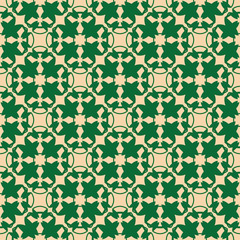 Vector floral geometric seamless pattern. Abstract ornament with flower silhouettes, carved shapes, crosses, repeat tiles. Background texture in dark green and beige colors. Retro vintage style design