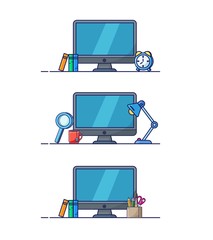 Set of desktop with computer. Workplace with computer, desk lamp, books, clock. Cartoon style vector on white background.