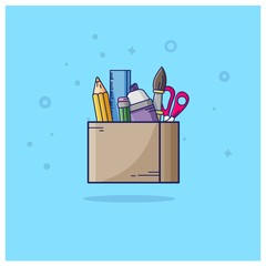 Set of stationery tools. Several pencils in box. Cartoon school equipment on white background. Flat vector illustration.