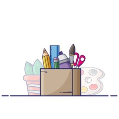 Colored pencils in a glass for office. Office Accessories - felt-tip pen, ruler, scissors, pen. Cartoon school equipment on white background. Flat vector illustration.