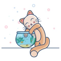 Сat playing with fish aquarium on white background. Cartoon style with contour vector illustration.