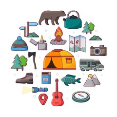 Camping icons equipment vector collection on white background. Autumn forest camping -campfire, tree, camping tent, bonfire, kettle, lantern, guitar, matches, bear,compass, flashlight, holiday camp.