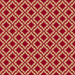Golden grid geometric seamless pattern in oriental style. Luxury vector abstract background. Simple graphic ornament. Elegant dark red and gold texture with diamonds, rhombuses, net, repeat tiles