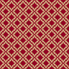 Golden grid geometric seamless pattern in oriental style. Luxury vector abstract background. Simple graphic ornament. Elegant dark red and gold texture with diamonds, rhombuses, net, repeat tiles