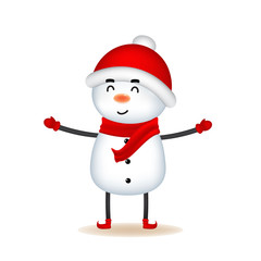 Christmas Cute Little Cheerful Snowman with Red Scarf and Santa’s Cap. Christmas cute cartoon character.
