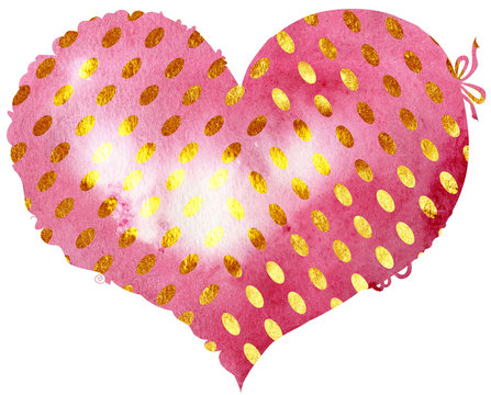 Watercolor Pink Heart With Gold Dots On White Background