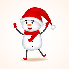 Cheerful Snowman with Red Scarf and Santa’s Cap. Christmas cute cartoon character.Vector illustration of elf on white background. Isolated.