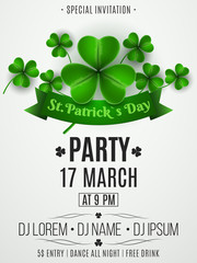 Patrick's day party flyer. Clovers and ribbon banner with text. Festive template for your project. DJ abd club name. Club invitation. Vector illustration